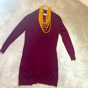 Mid length burgundy cardigan and mustard necklace
